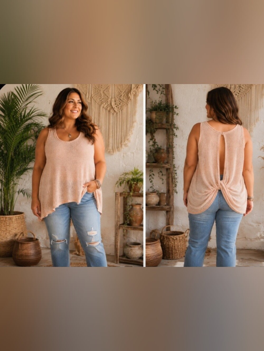 A'Reve Blush Pink Sleeveless Open Back Boho Knit Top NWOT Large